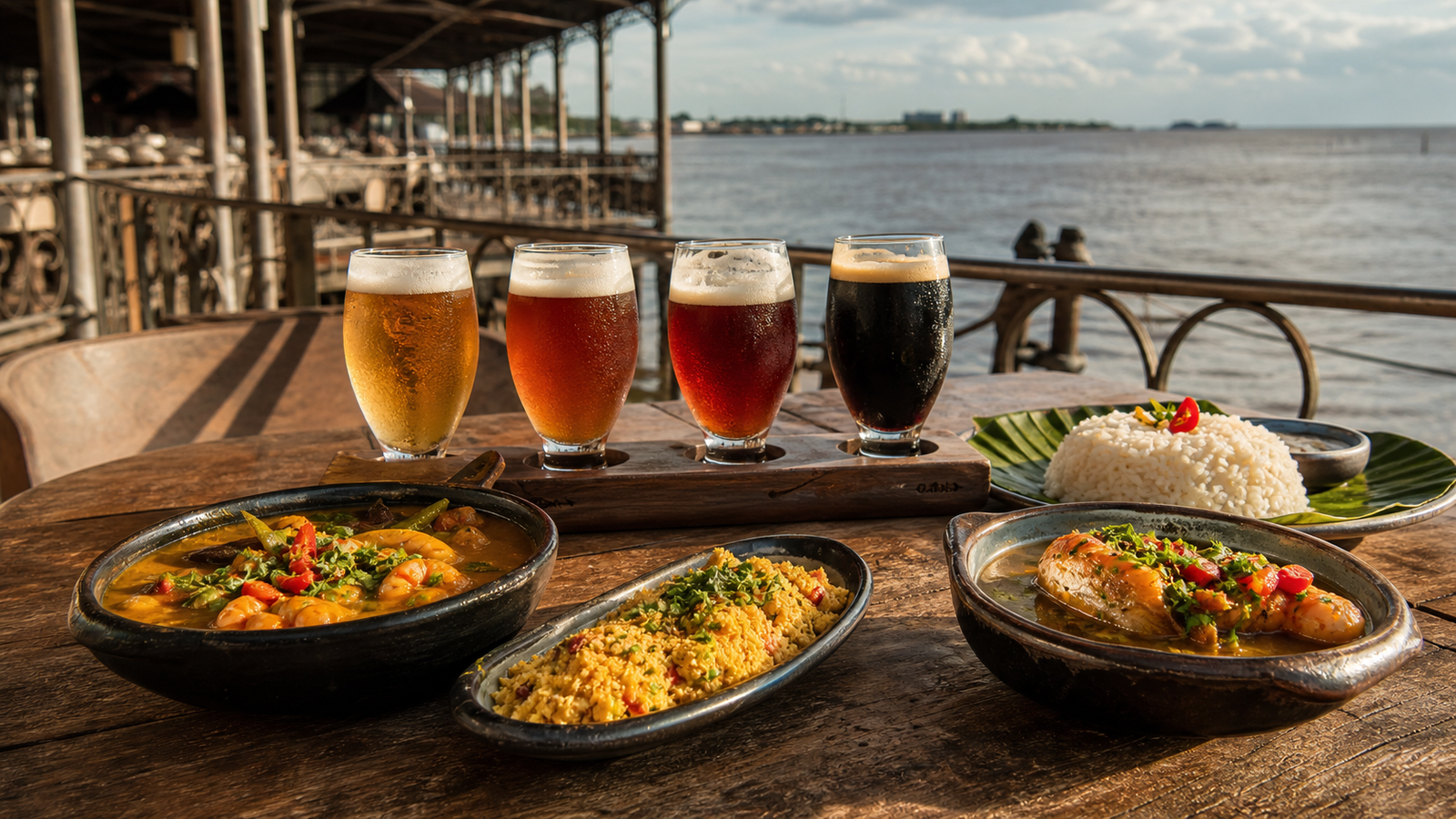 Craft Amazonian beer flight and regional food on a wooden table overlooking Guajará Bay at Estação das Docas.
