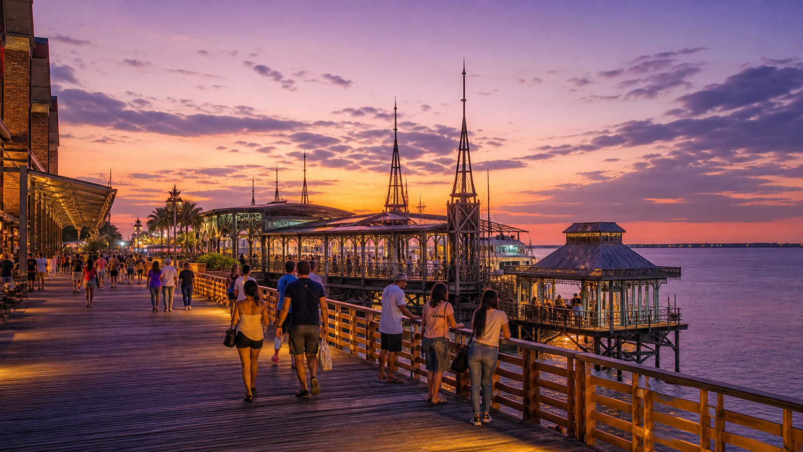 Evening strollers along the illuminated riverfront boardwalk of Estação das Docas under a sunset sky in Belém.