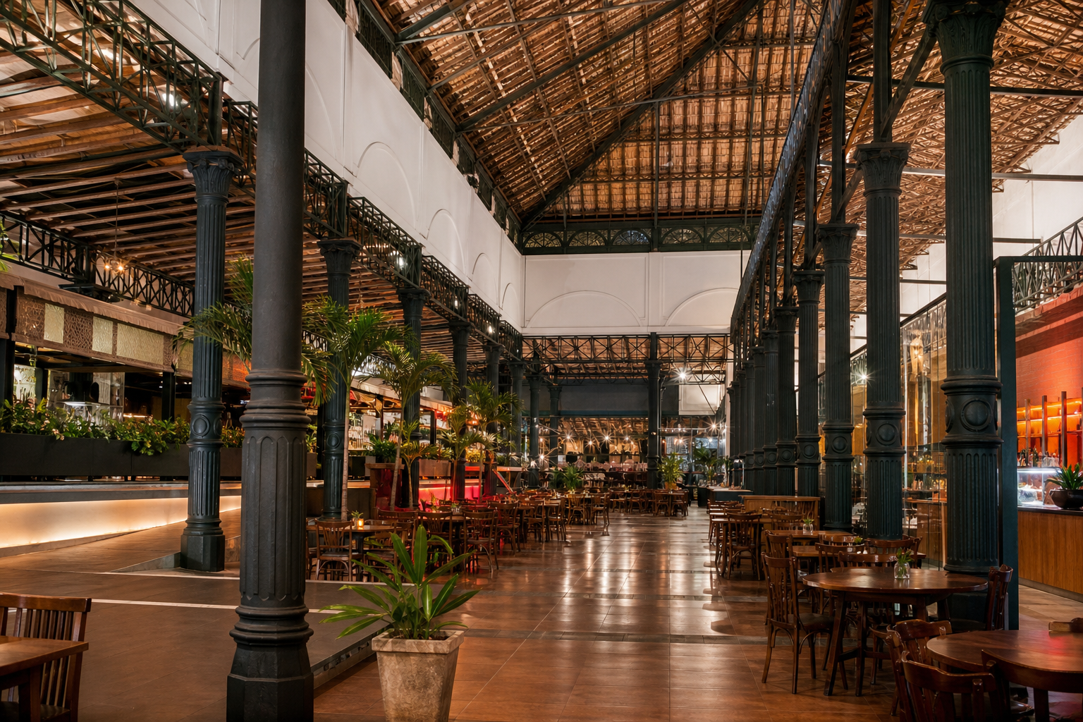 Air-conditioned interior of Boulevard da Gastronomia with restored English iron pillars and dining tables at Estação das Docas.