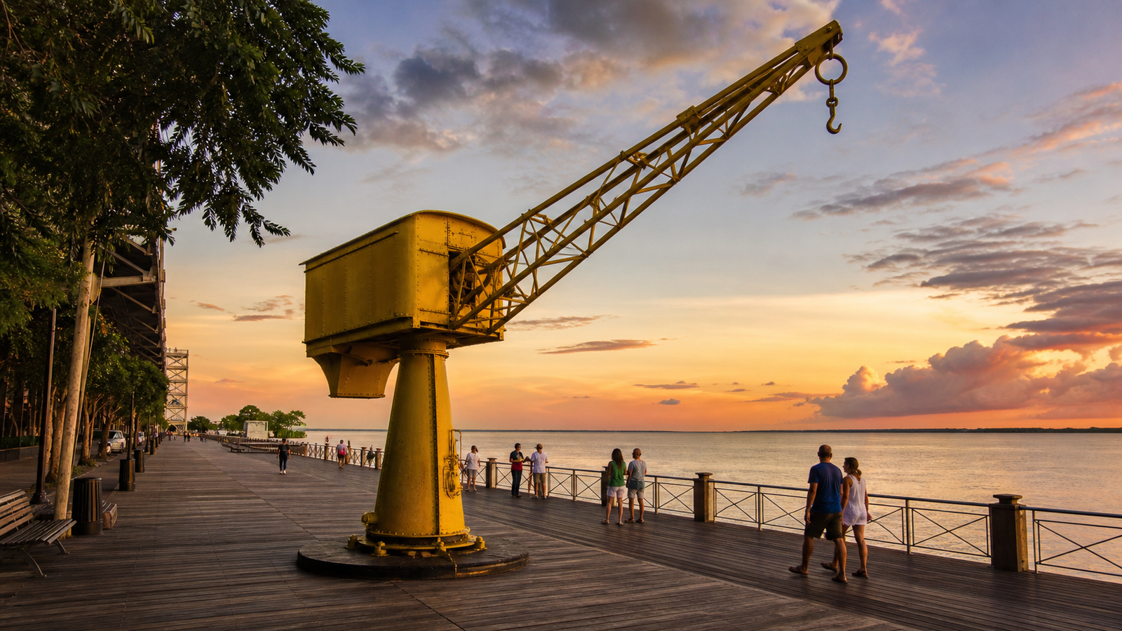 Restored historic yellow port crane on the waterfront boardwalk at Estação das Docas overlooking Guajará Bay at sunset in Belém, Brazil.