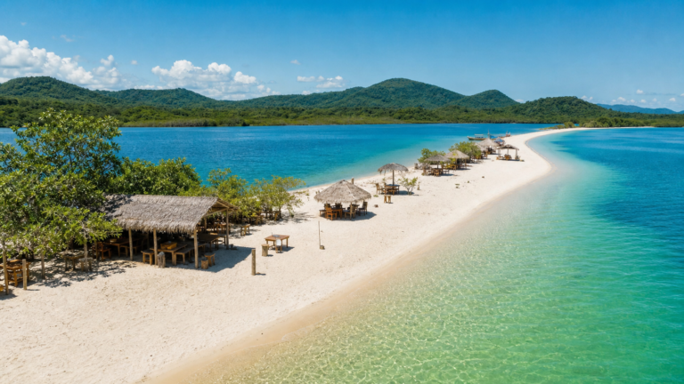 Panoramic view of the white sand spit of Ilha do Amor and turquoise freshwater of Rio Tapajós in Alter do Chão, Brazil
