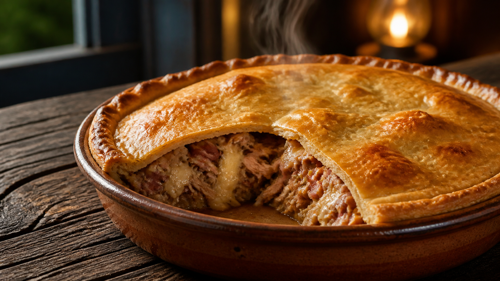 Where to Eat in Pirenópolis: From Giant Empadão Goiano to Historic Sweet Shops 1 A golden, freshly baked Empadão Goiano savory pie in a rustic ceramic dish on a wooden table in Pirenópolis