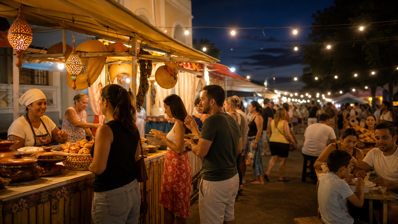 Lively evening food stalls and street market at Feira do Luar in Caldas Novas