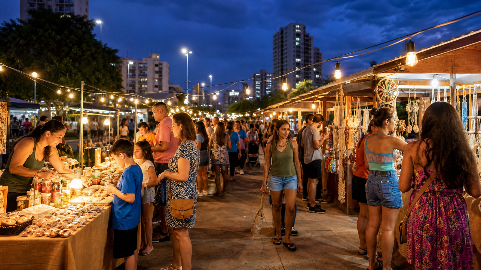 Downtown Caldas Novas: What to See, Where to Walk, and Why It’s Worth the Trip 3 Bustling evening food stalls and craft market at Feira do Luar in Caldas Novas.