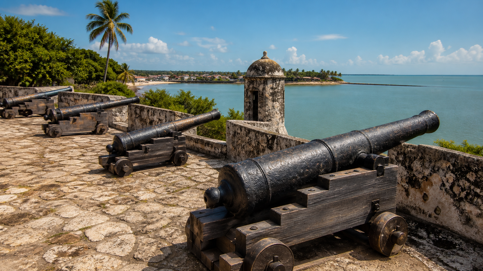 João Pessoa Beyond the Obvious: 6 Quiet Beaches and Peaceful Escapes 3 Historic stone walls and antique cannons of Fortaleza de Santa Catarina in Cabedelo, Brazil.