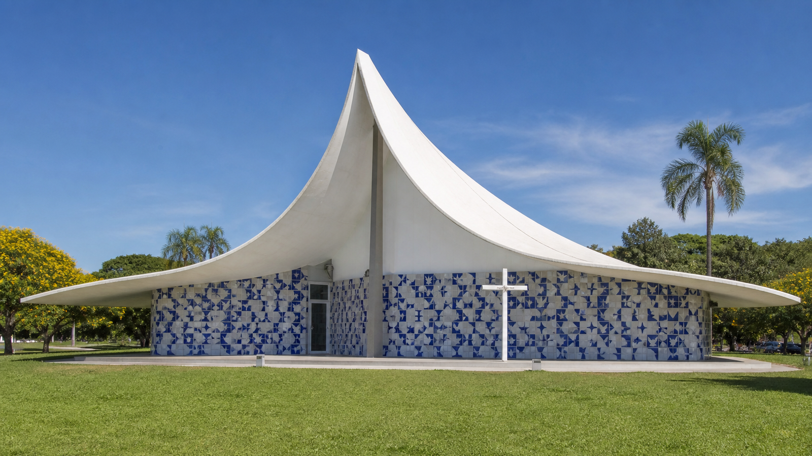 Igrejinha Nossa Senhora de Fátima with blue and white Athos Bulcão tiles in Brasília