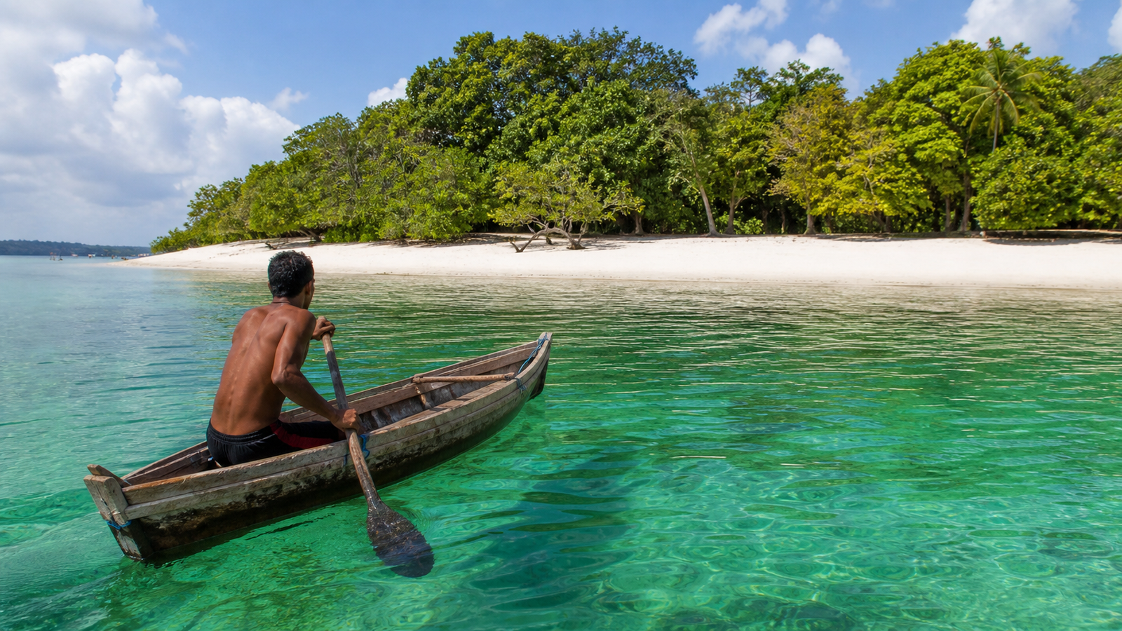 Traditional wooden catraia rowboat with boatman paddling on the calm green water of Lago Verde towards Ilha do Amor