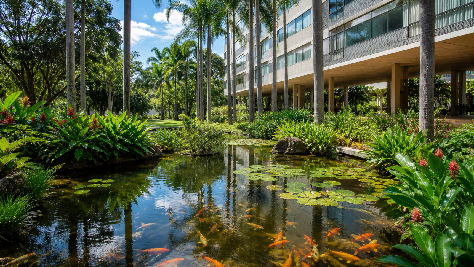 Roberto Burle Marx koi pond and landscaped gardens in SQS 308, Brasília
