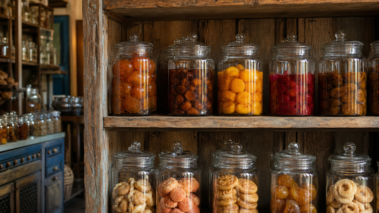 Where to Eat in Pirenópolis: From Giant Empadão Goiano to Historic Sweet Shops 2 Glass display jars with traditional candied fruits and compotas in a historic Pirenópolis sweet shop