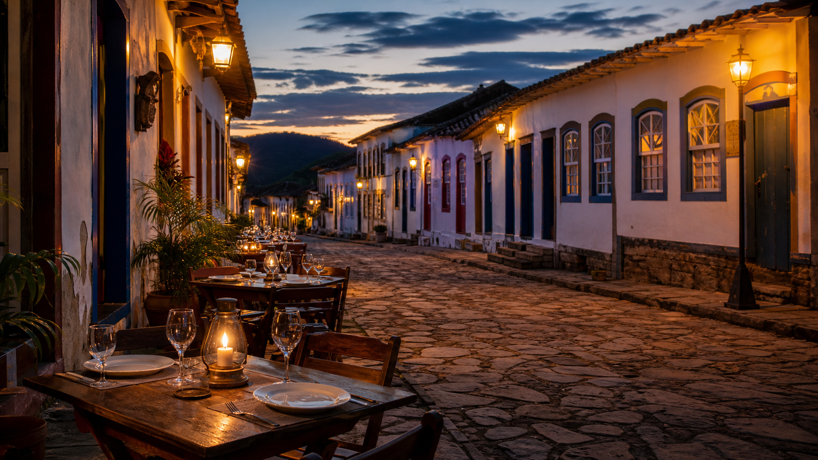 Where to Eat in Pirenópolis: From Giant Empadão Goiano to Historic Sweet Shops 3 Atmospheric evening view of candlelit outdoor dining along colonial cobblestones of Rua do Lazer in Pirenópolis