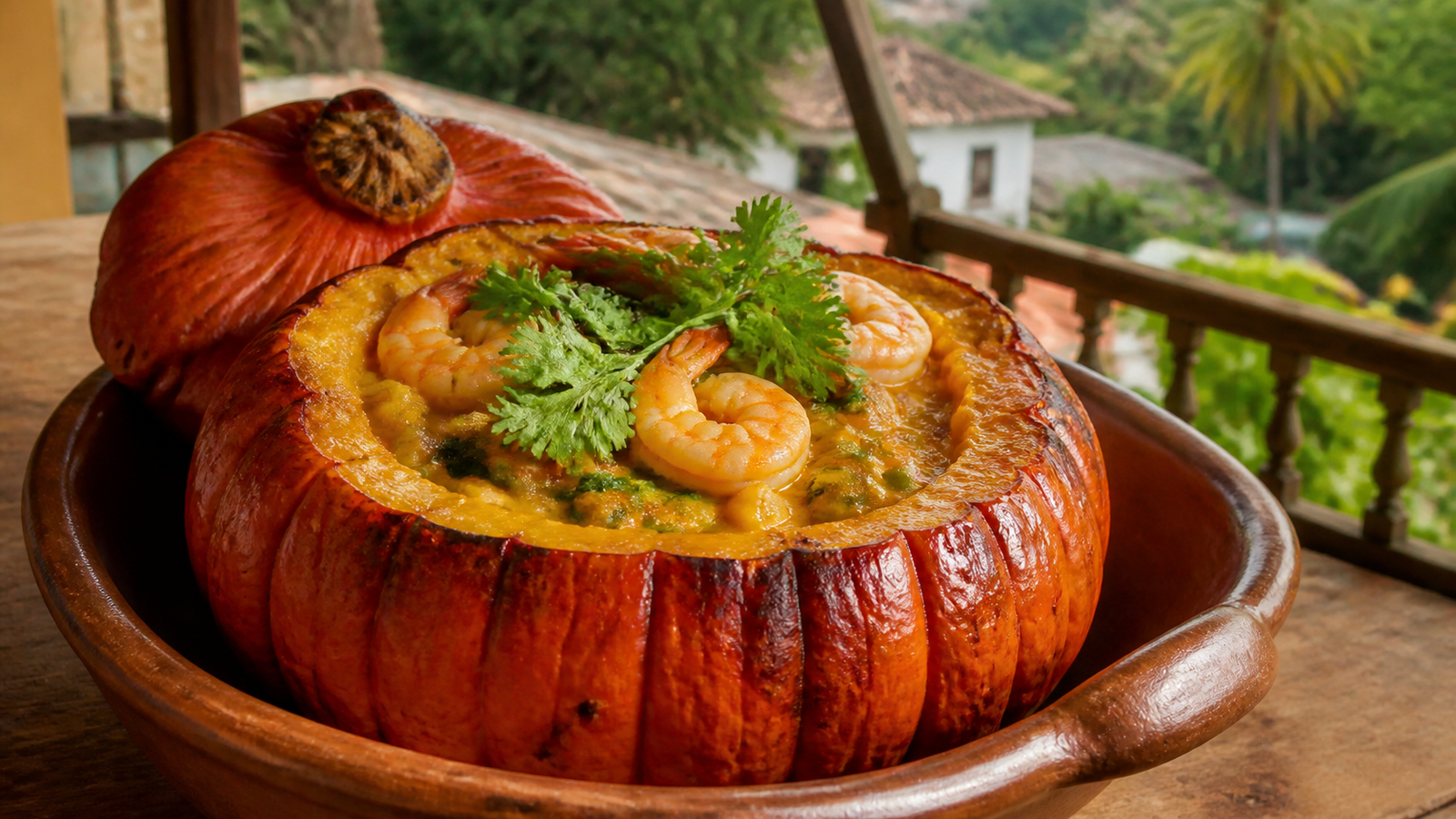 Jerimum Recheado roasted pumpkin filled with shrimp and seafood stew on a colonial restaurant veranda in Olinda