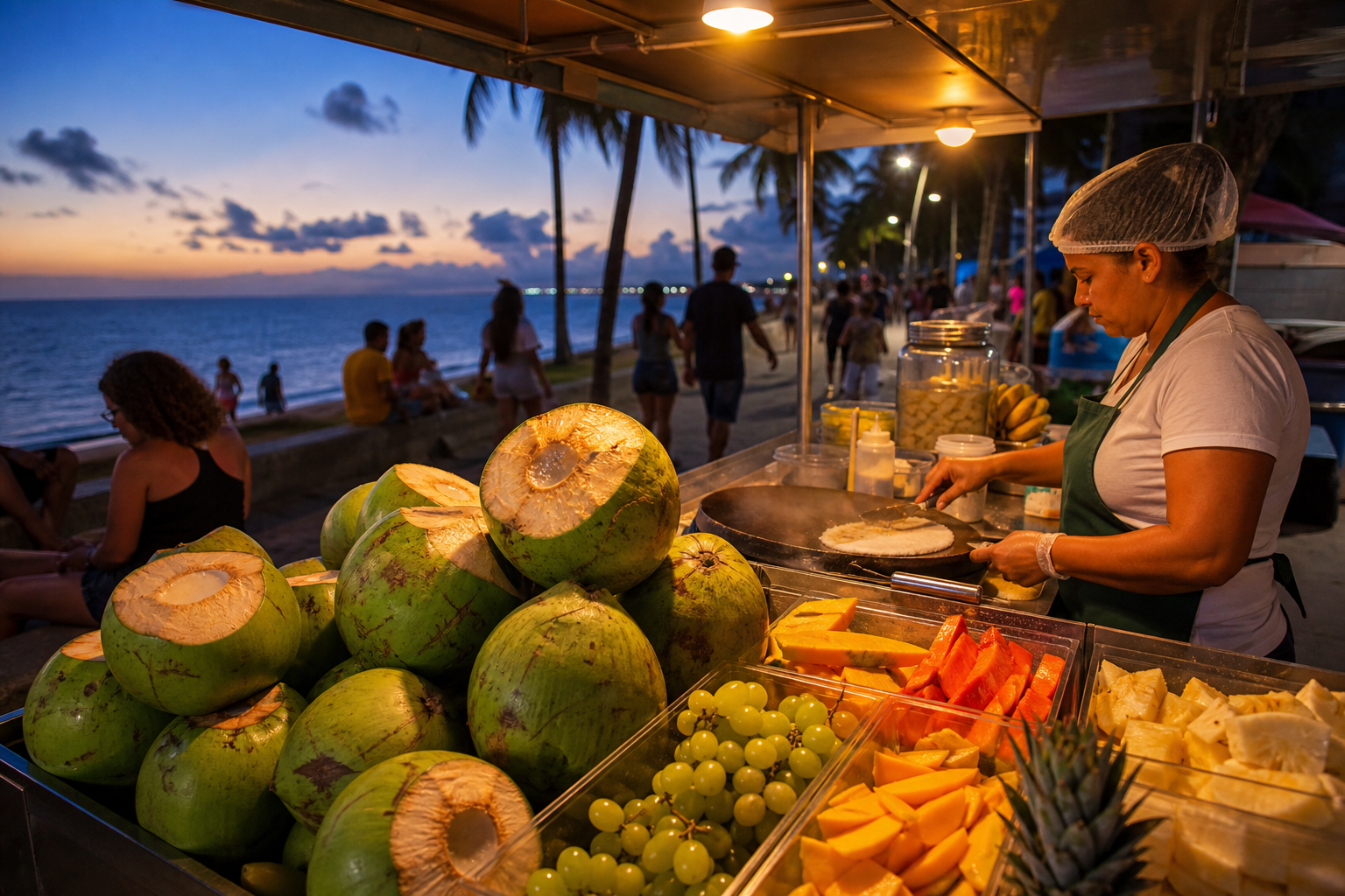 Beachfront food kiosk and street dining along Cabo Branco in João Pessoa at twilight.