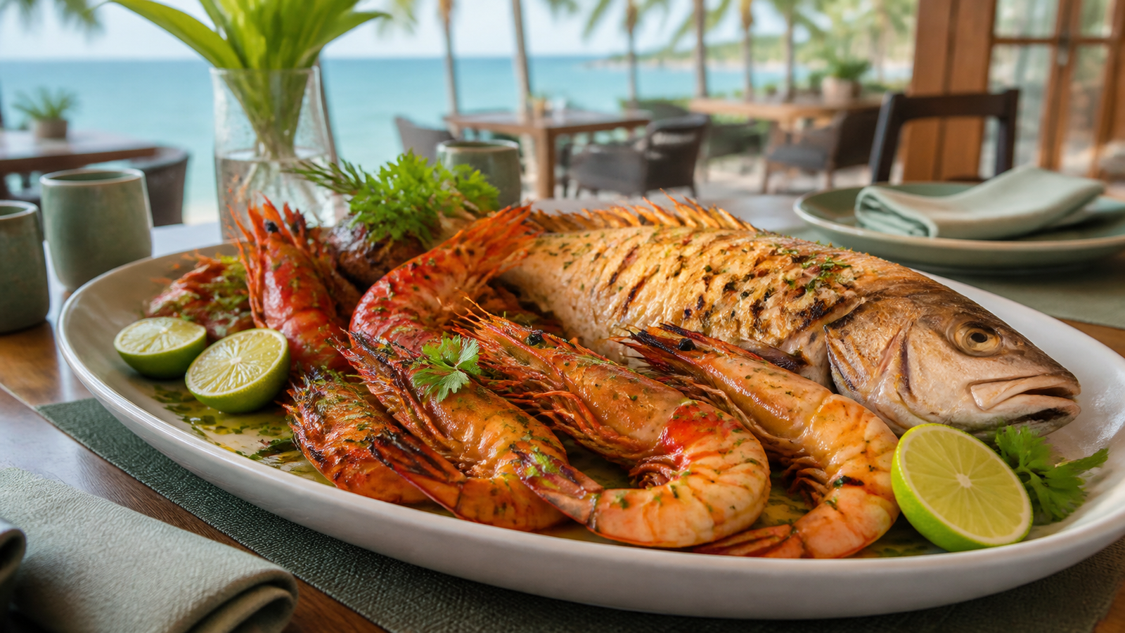 Platter of grilled jumbo shrimp and coastal fish served with lime in João Pessoa.