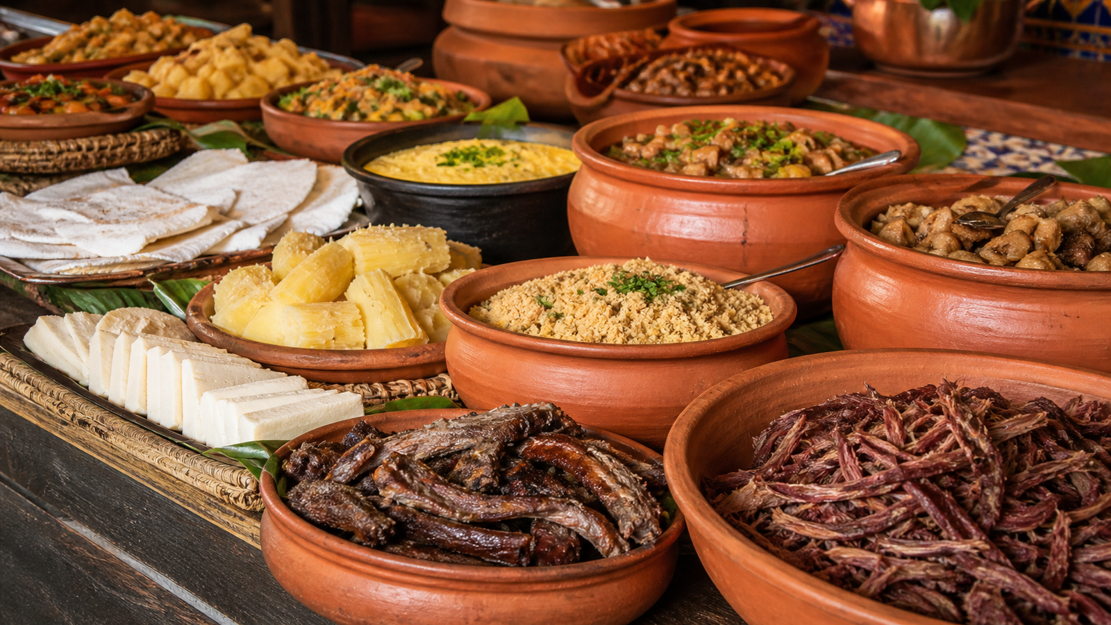 Generous northeastern Brazilian buffet spread with traditional clay pots and regional specialties in João Pessoa.