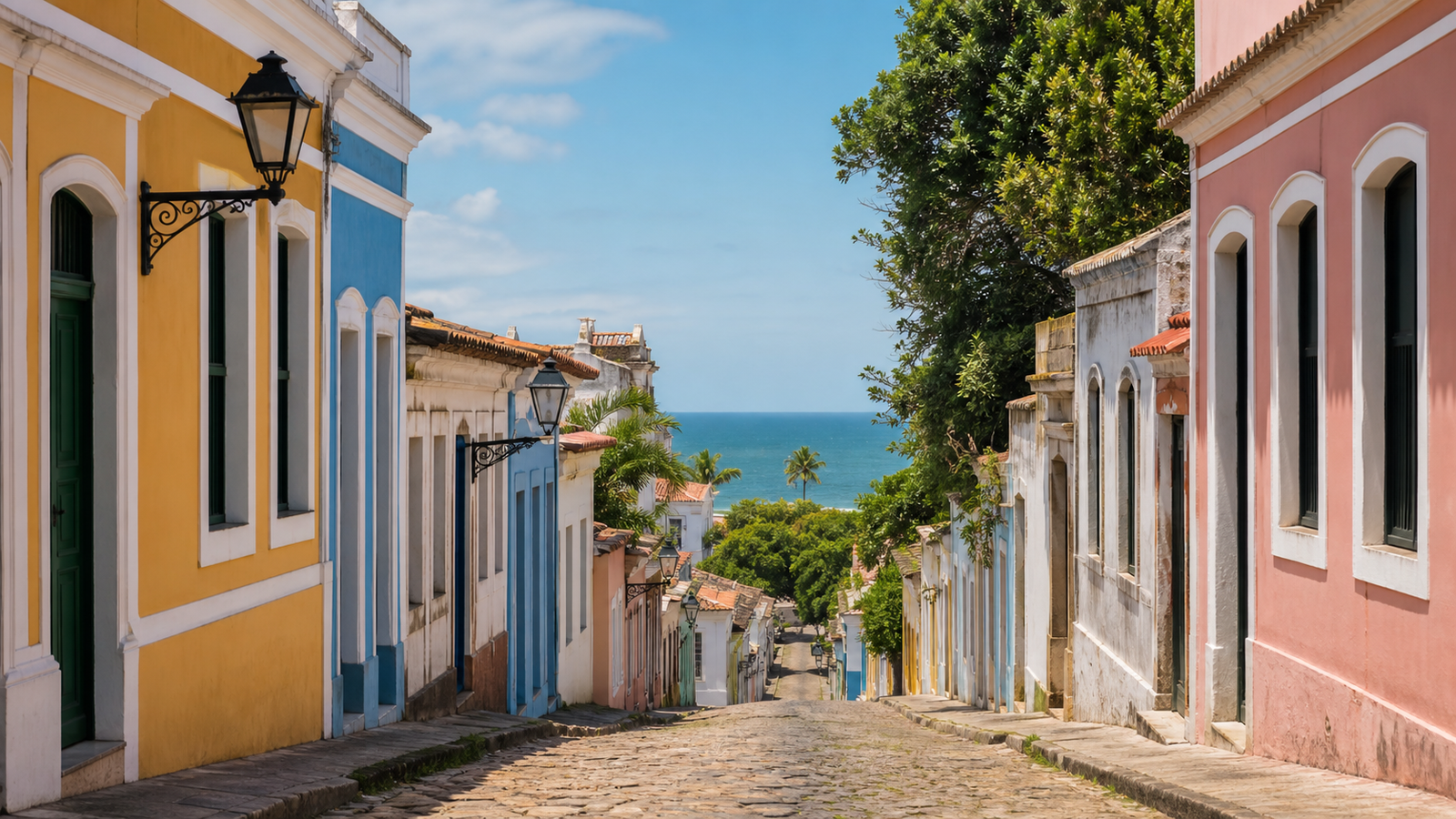 Picturesque cobblestone colonial slope (ladeira) in Olinda with historic lanterns and ocean background