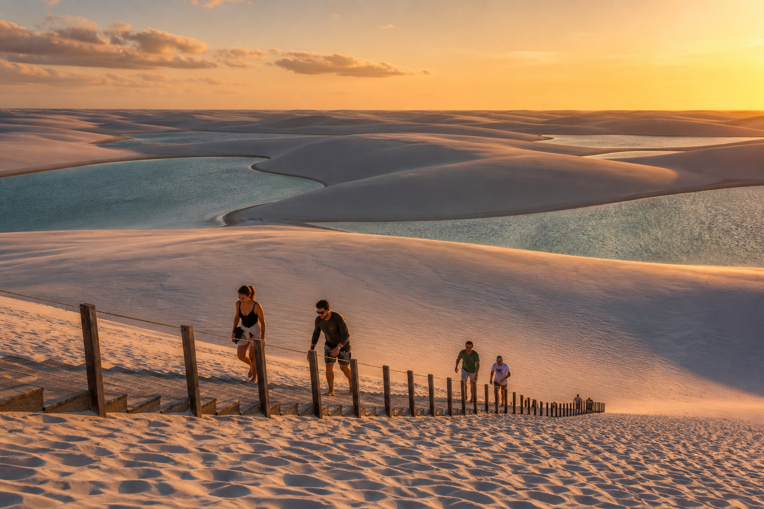 Panoramic view of Lagoa Bonita circuit at sunset with golden light over white sand dunes and freshwater pools.