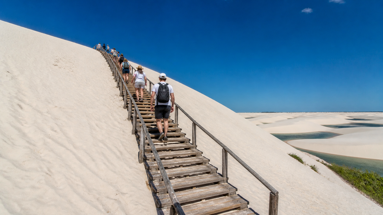 Lagoa Azul and Lagoa Bonita: The Honest Guide to Visiting Both Without Wasting Time or Money 3 Wooden staircase ascending the 30-meter sand dune at Lagoa Bonita circuit in Lençóis Maranhenses