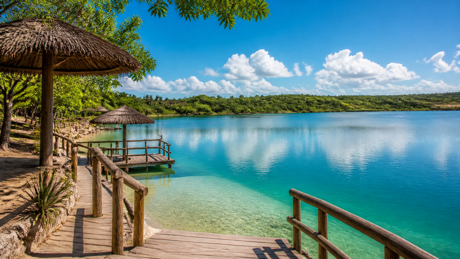 Lagoa de Arituba with calm turquoise freshwater, thatched-roof kiosks, and wooden walkways