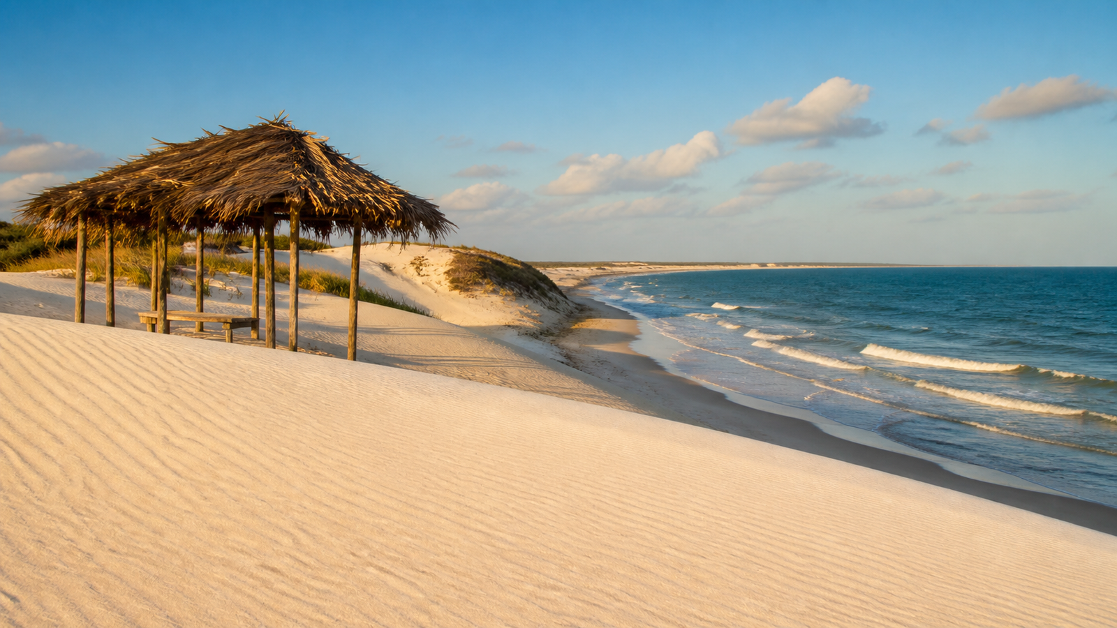 White sand dunes meeting the Atlantic ocean coastline near Atins with a rustic beach shelter.