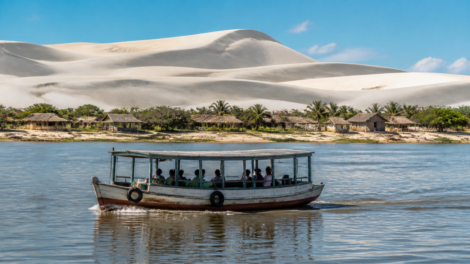 Traditional small wooden ferry boat on Rio Alegre with white sand dunes in the background near Betânia.