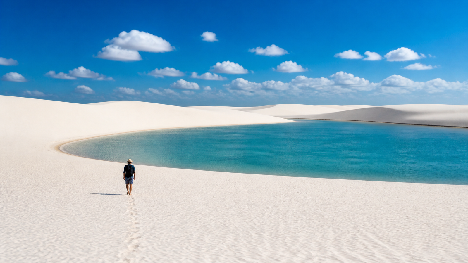 A lone traveler walking across pure white sand dunes toward a serene turquoise freshwater lagoon in Lençóis Maranhenses.