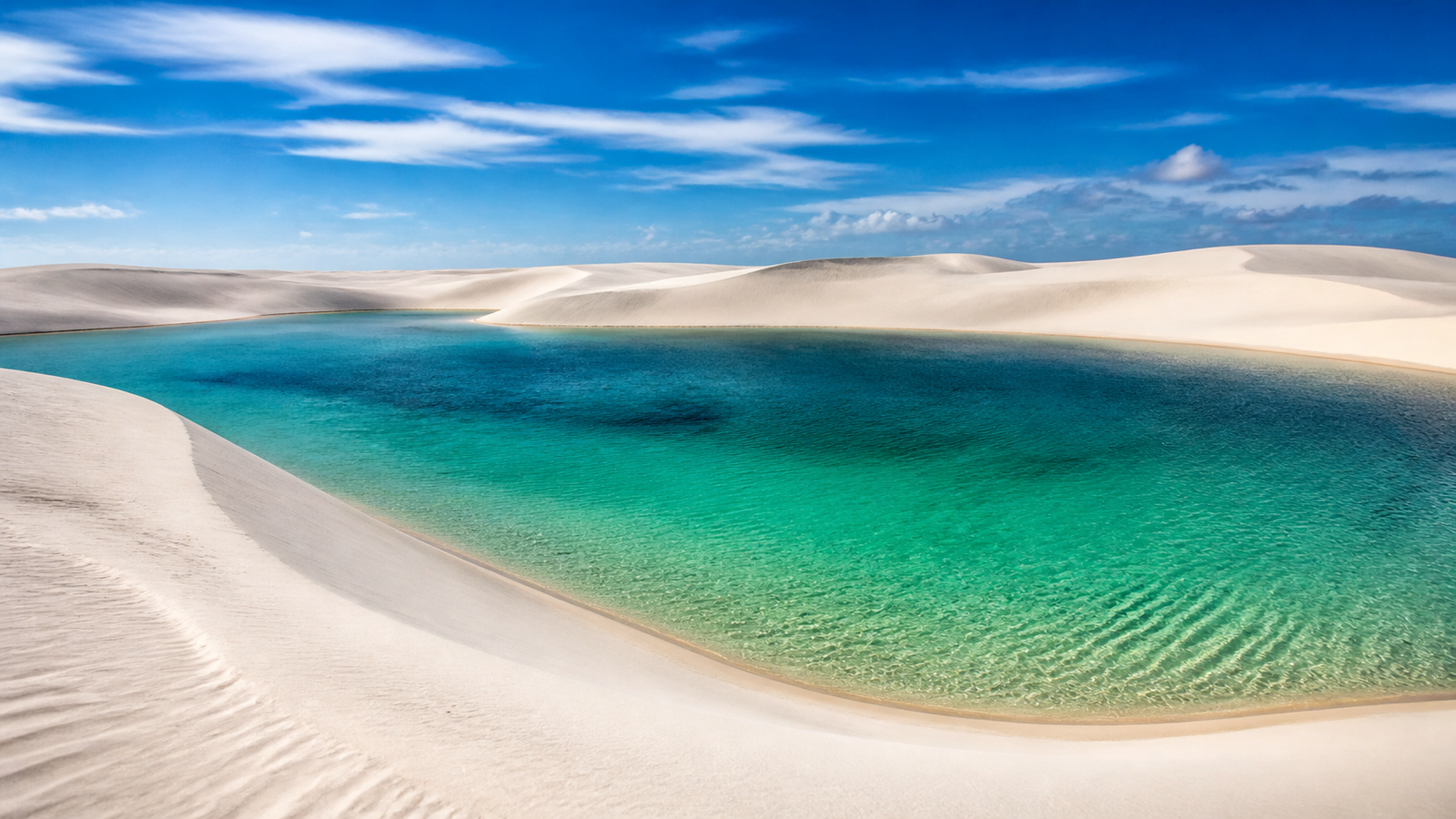 Vast white sand dunes surrounding a crystal-clear turquoise freshwater lagoon in Lençóis Maranhenses National Park with zero crowds.