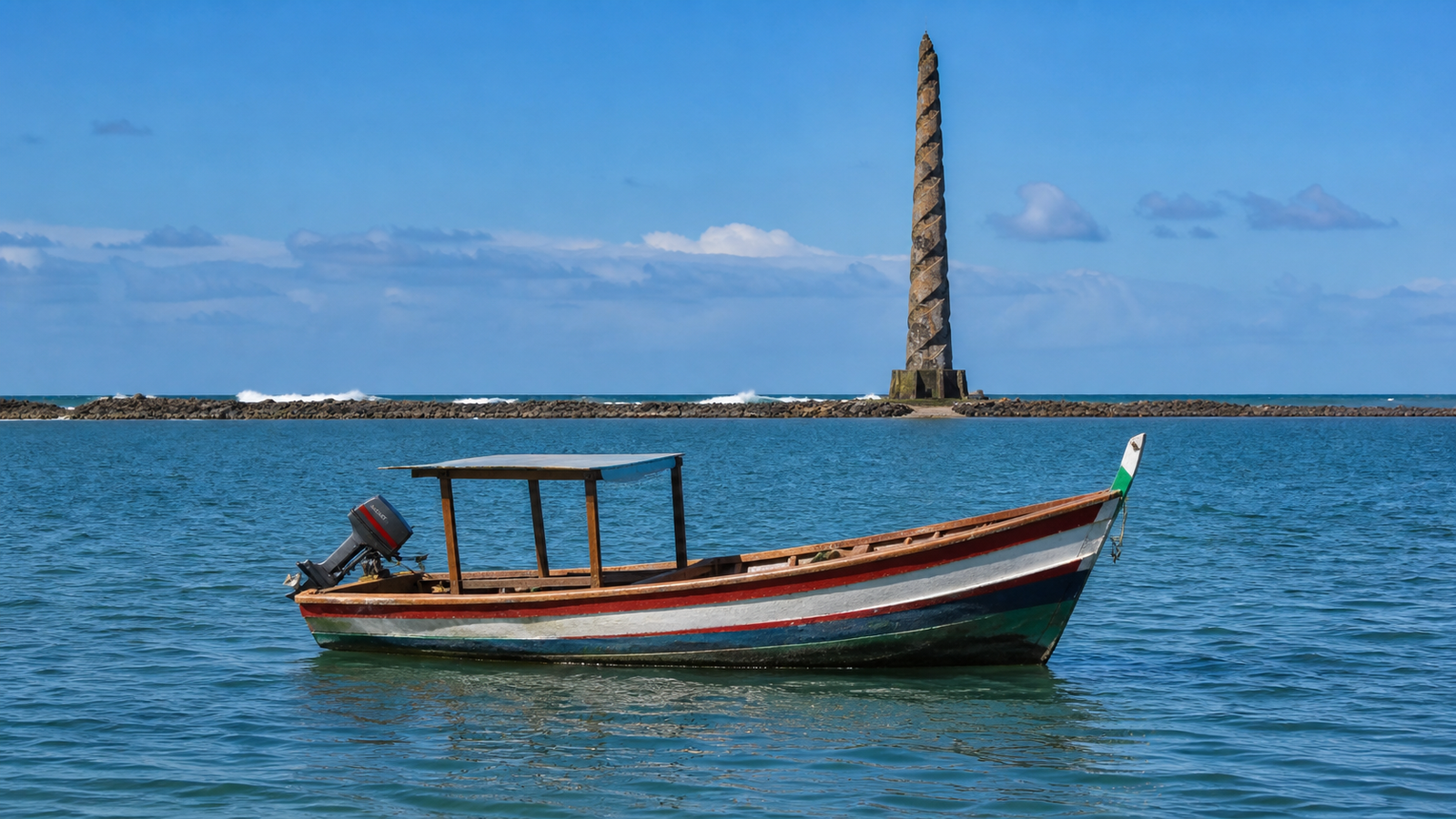 Traditional wooden boat crossing the calm harbor water from Marco Zero toward the Francisco Brennand sculpture reef.