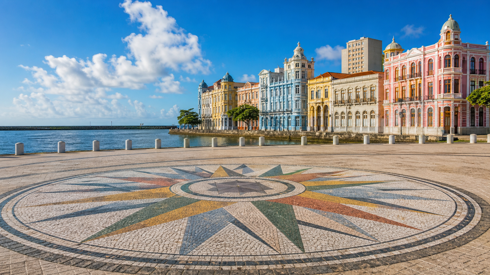 Sunny wide-angle view of Marco Zero in Recife Antigo featuring the colorful Rosa dos Ventos ground mosaic and historic waterfront buildings.