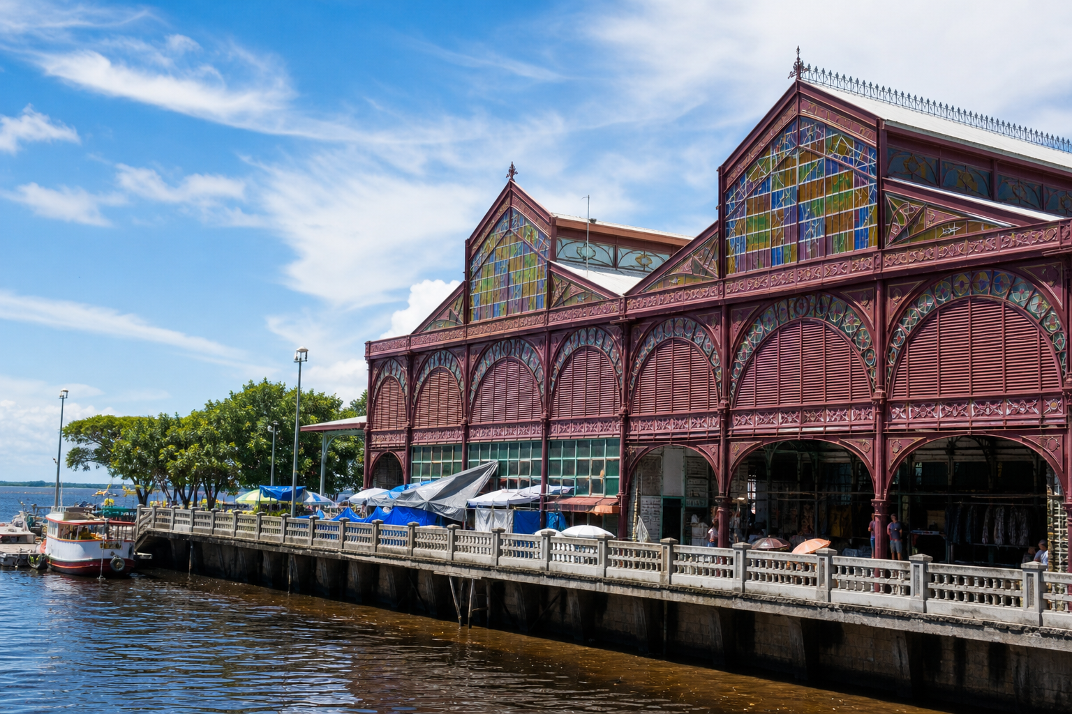 Mercado Municipal Adolpho Lisboa cast-iron pavilion and stained glass along the Rio Negro in Manaus