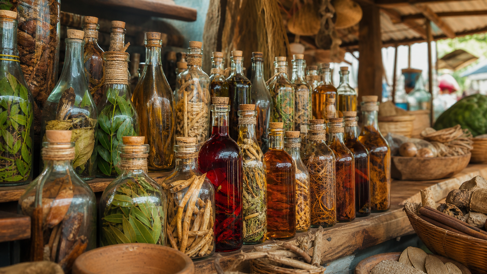 Traditional Erveiras market stall at Mercado Ver-o-Peso in Belém with glass bottles of Amazonian herbal essences.