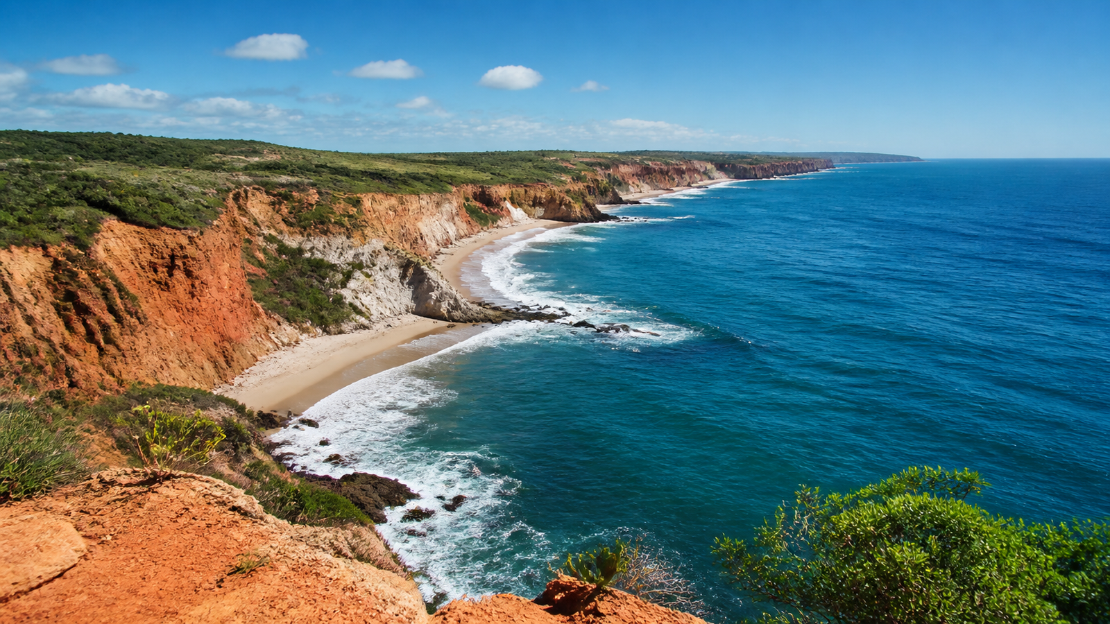 High red sandstone cliffs overlooking the deep blue Atlantic ocean at Mirante dos Golfinhos in Barra de Tabatinga