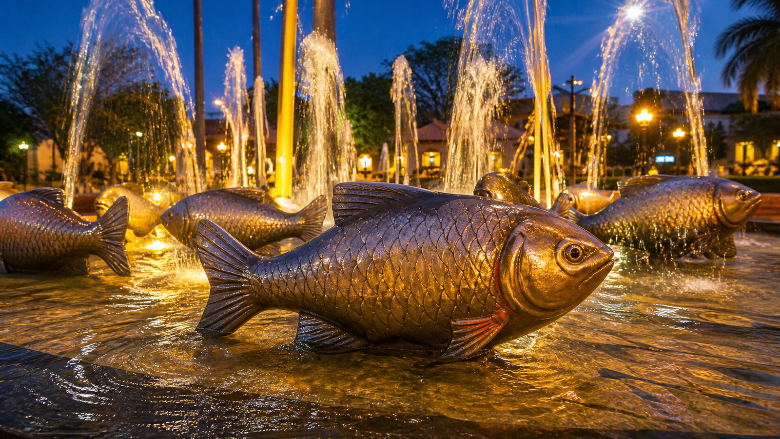Close-up view of the Monumento das Piraputangas fish sculpture in Bonito with water fountain jets