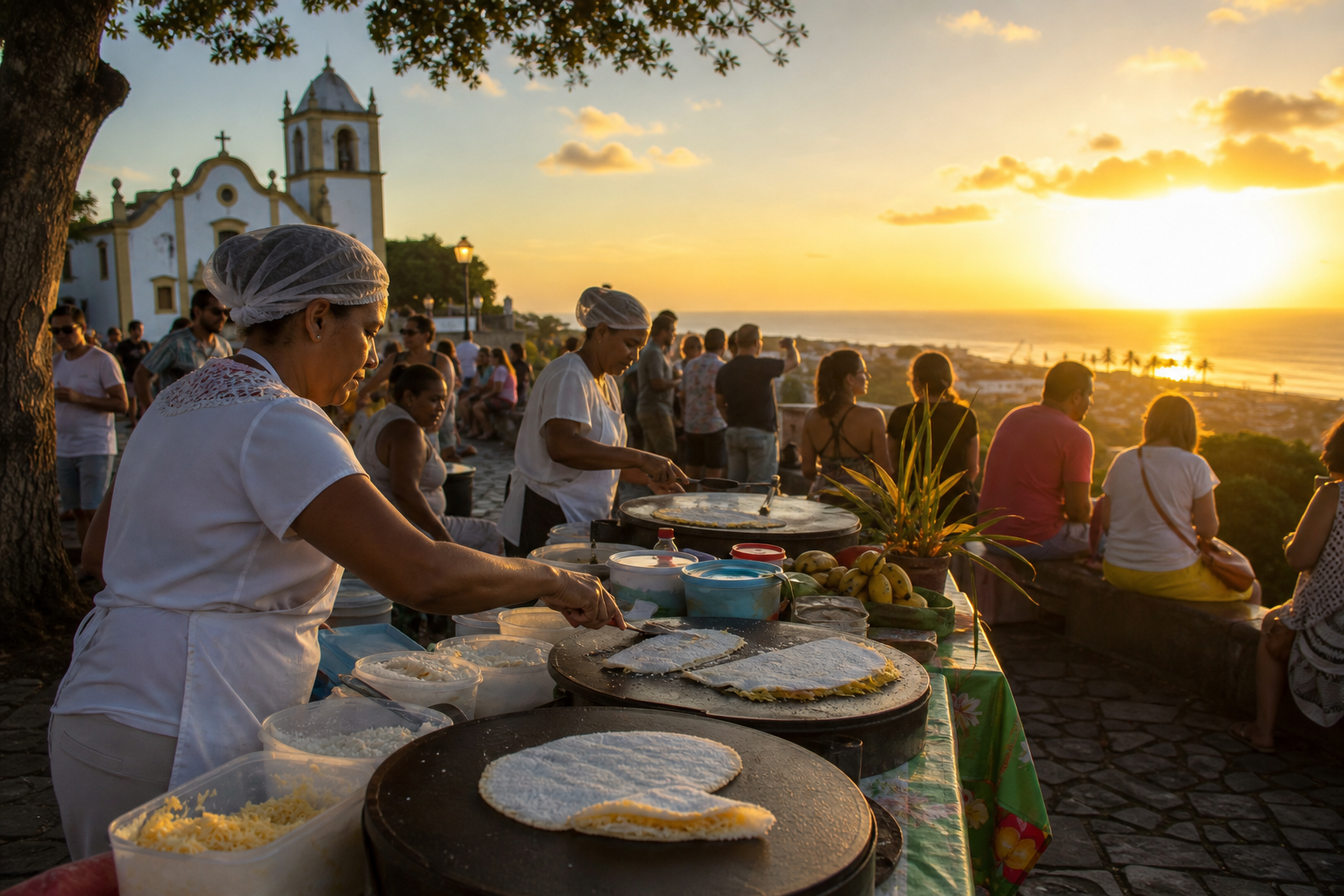 What to Do in Olinda: The 1-Day Downhill Walking Route That Avoids the Steepest Traps 4 Sunset scene at Alto da Sé in Olinda with traditional food stalls and ocean views