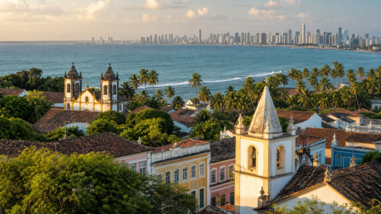 Olinda Beyond the Obvious: 5 Secret Studios, Quiet Slopes, and Hidden Viewpoints 10 Panoramic view of Olinda's colorful colonial townhouses, green palm trees, church towers, and the Atlantic ocean