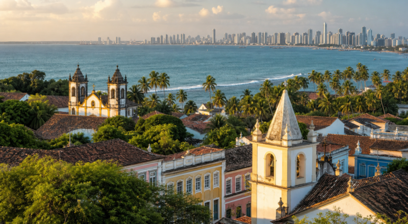 Panoramic view of Olinda's colorful colonial townhouses, green palm trees, church towers, and the Atlantic ocean