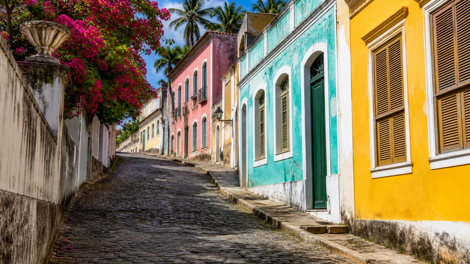 Steep cobblestone slope of Ladeira da Misericórdia lined with colorful colonial houses in Olinda