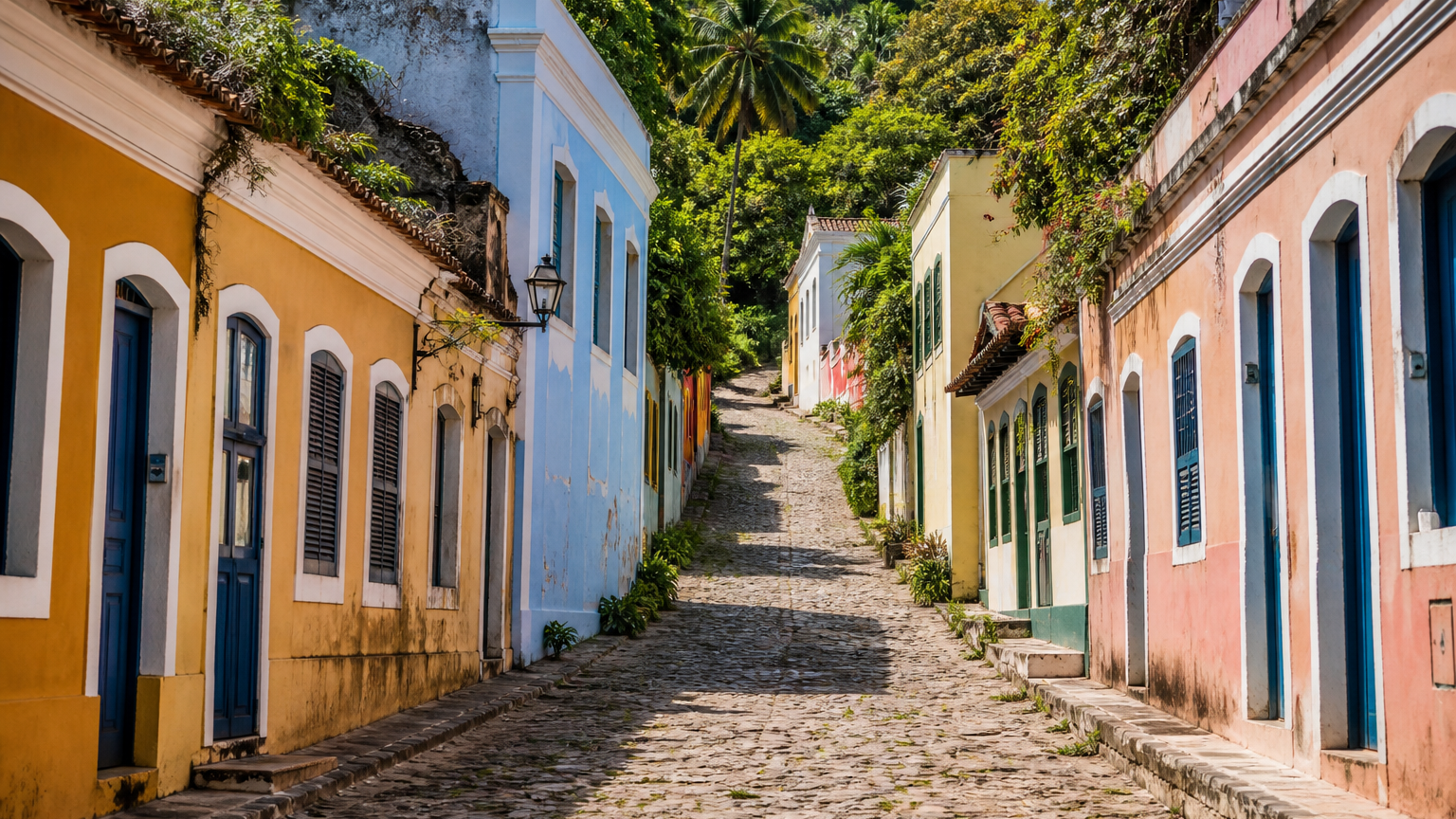 What to Do in Olinda: The 1-Day Downhill Walking Route That Avoids the Steepest Traps 2 Steep cobblestone colonial street in historic Olinda with colorful houses