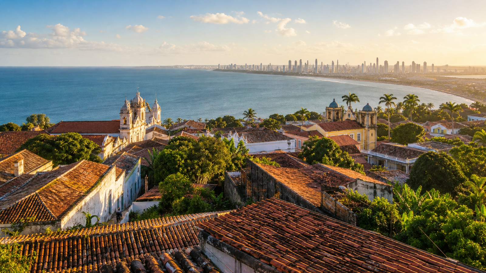 Elevated panoramic lookout over Olinda's colonial rooftops and the Atlantic ocean toward Recife