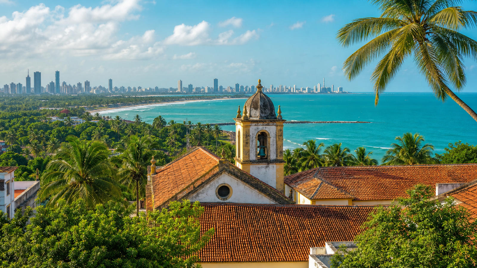 What to Do in Olinda: The 1-Day Downhill Walking Route That Avoids the Steepest Traps 1 Panoramic view of historic Olinda with colonial church towers, coconut palms, and the Atlantic ocean