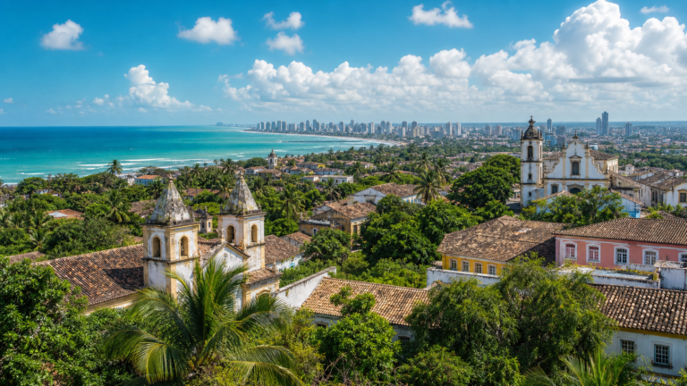 Panoramic view of Olinda’s historic colonial church towers and terracotta rooftops overlooking the Atlantic ocean and Recife skyline