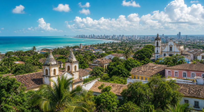 Panoramic view of Olinda’s historic colonial church towers and terracotta rooftops overlooking the Atlantic ocean and Recife skyline