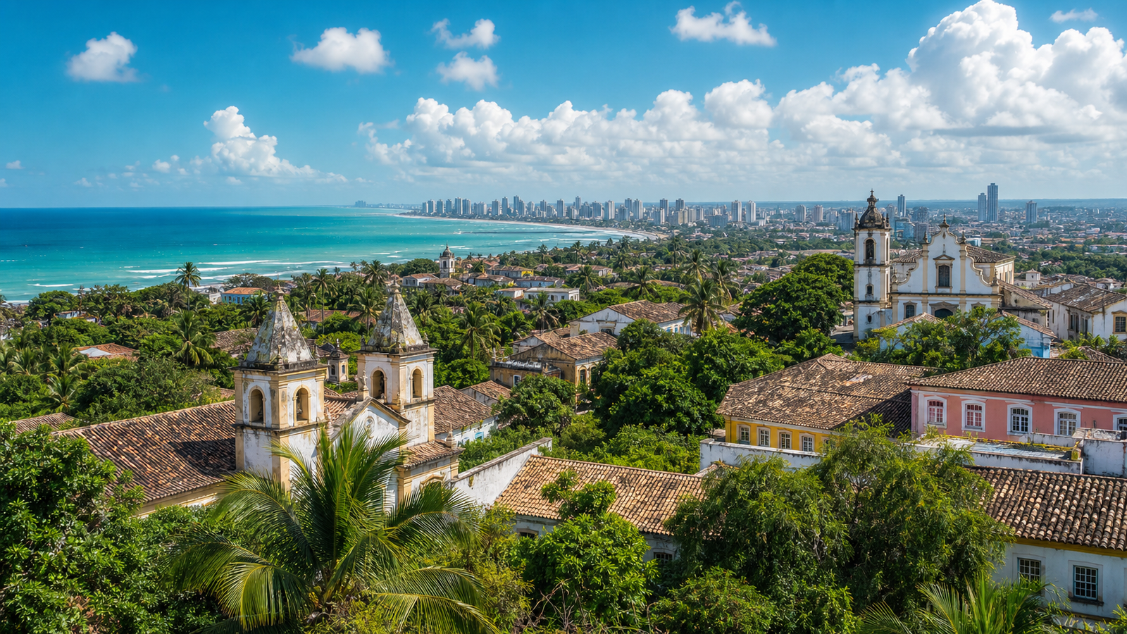 Exploring Olinda’s Sítio Histórico: A Walkable Guide to Colonial Streets and Viewpoints 1 Panoramic view of Olinda’s historic colonial church towers and terracotta rooftops overlooking the Atlantic ocean and Recife skyline