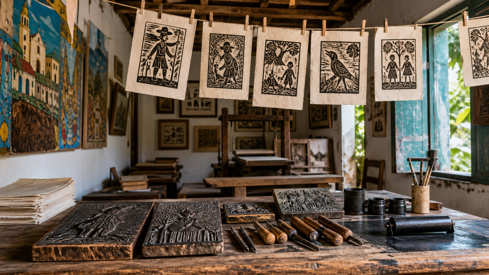 Traditional xilogravura woodcut printmaker studio with carved wooden blocks and hanging prints in Olinda