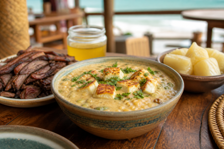 Table spread of traditional northeastern Brazilian cuisine featuring a bowl of creamy Rubacão and carne de sol in João Pessoa.