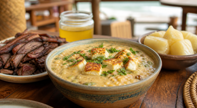 Table spread of traditional northeastern Brazilian cuisine featuring a bowl of creamy Rubacão and carne de sol in João Pessoa.