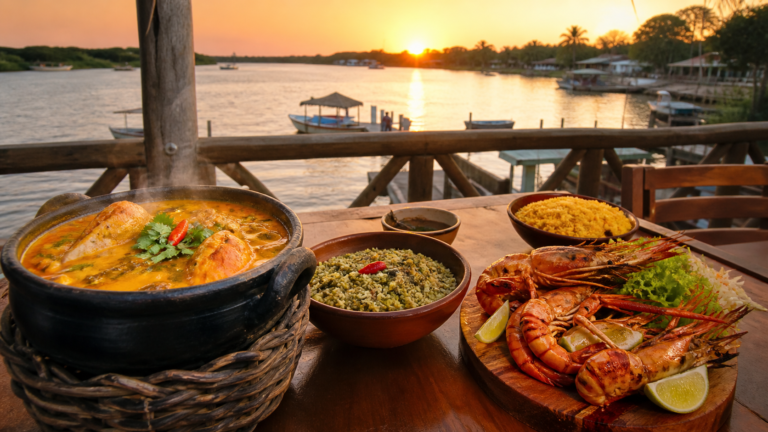 Where to Eat in Lençóis Maranhenses: The Complete Food & Seafood Guide for Every Budget 2 Traditional Peixada Maranhense fish stew and seafood spread at a riverside restaurant in Lençóis Maranhenses