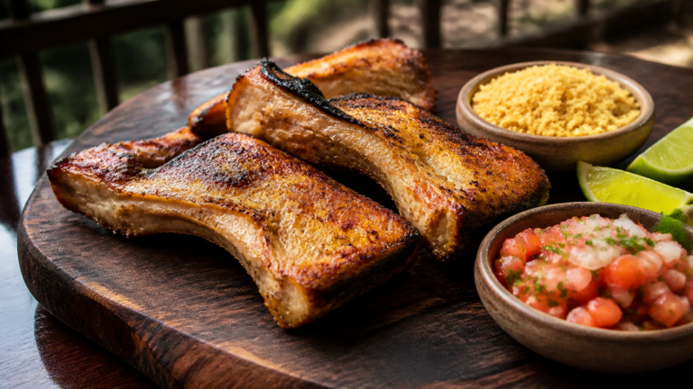 Charcoal-grilled tambaqui ribs served with farofa and vinagrete at a restaurant in Manaus