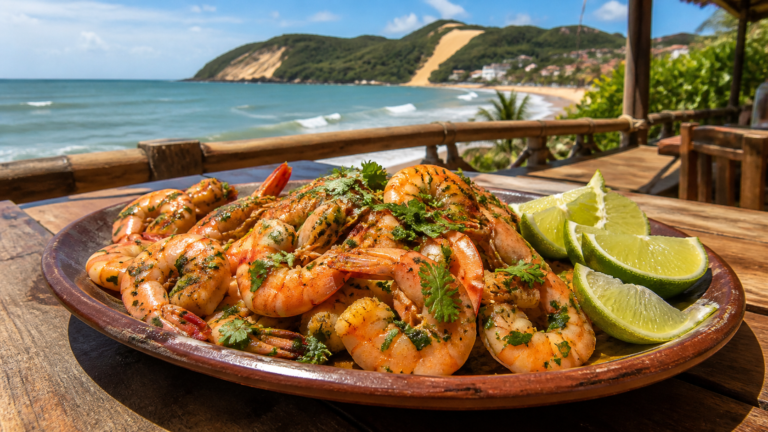 Fresh Brazilian shrimp platter on an open-air restaurant table overlooking the beach in Ponta Negra, Natal