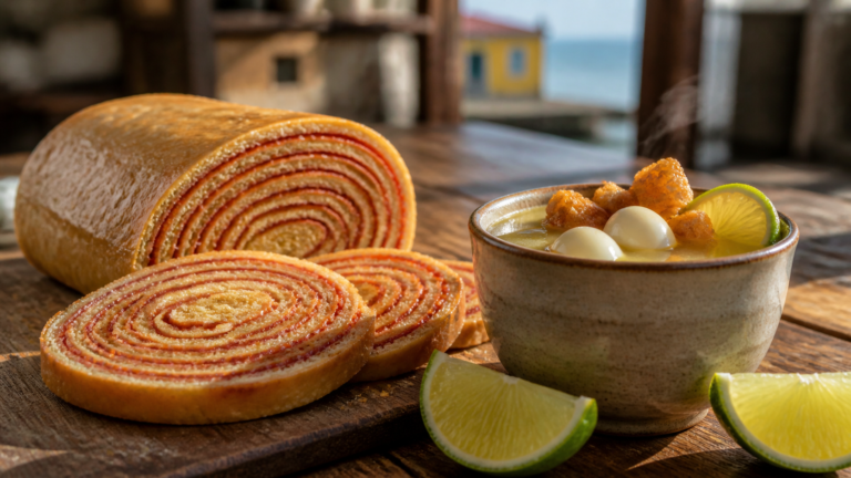 Pernambucan food spread featuring sliced Bolo de Rolo with guava spirals and a cup of caldinho with quail eggs on a wooden table in Recife