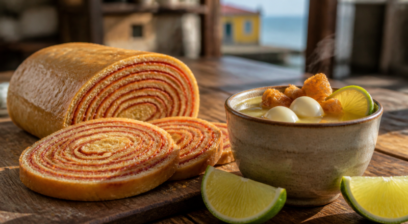 Pernambucan food spread featuring sliced Bolo de Rolo with guava spirals and a cup of caldinho with quail eggs on a wooden table in Recife